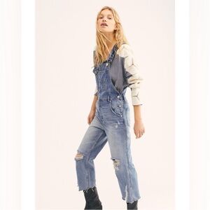 We The Free Blue Denim Cropped Overalls